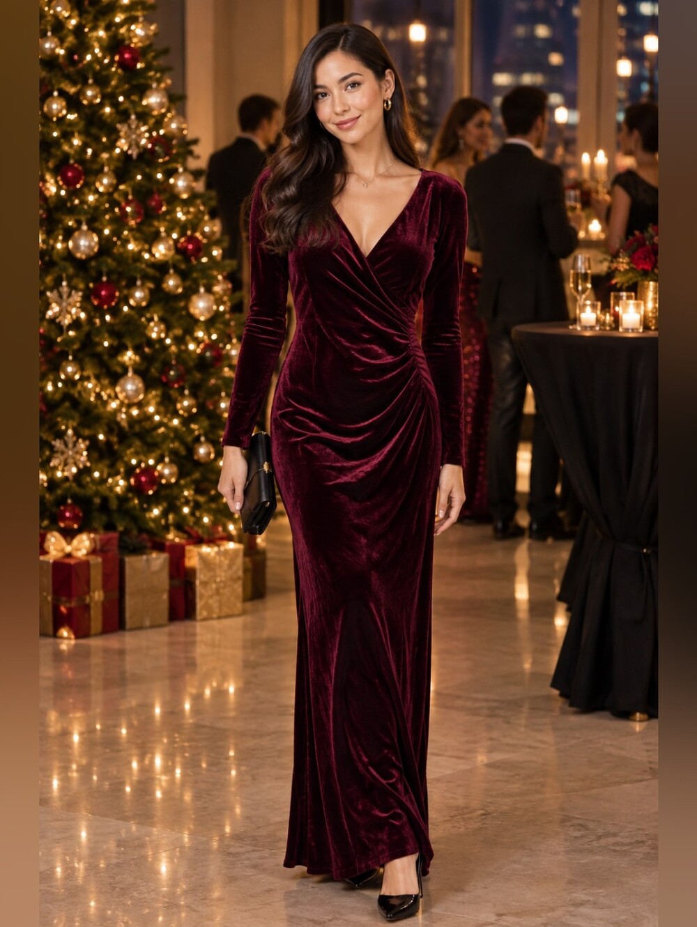 Zaberry Ruched-Style Velvet Maxi Dress in Burgundy Size M